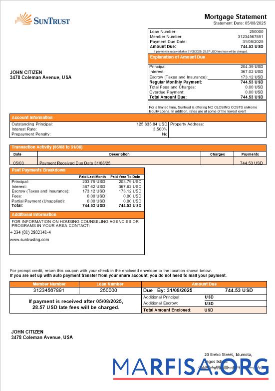 Downloadable USA Suntrust bank mortgage statement in Word and PDF formats template
